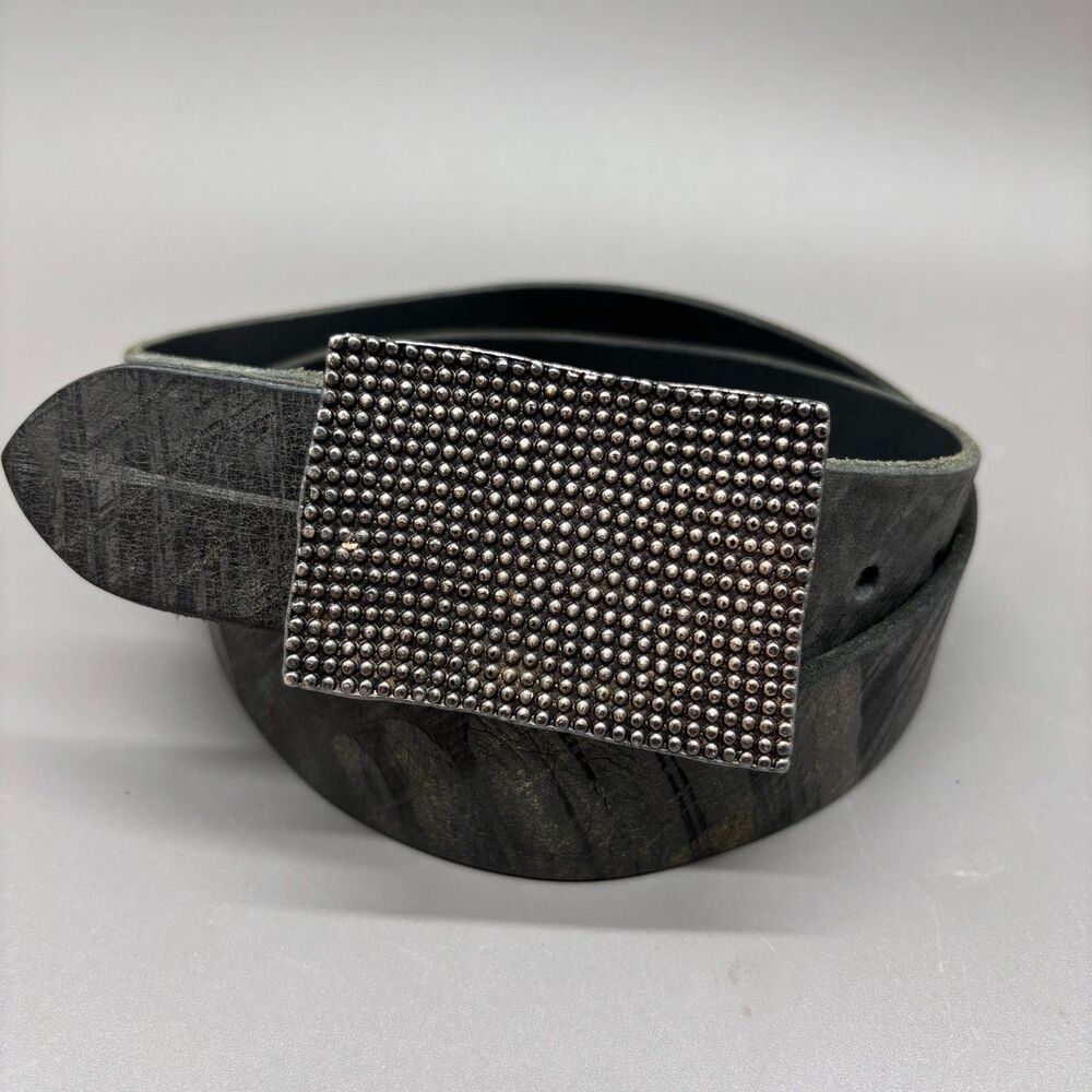 CYDWOQ Handmade USA Black Leather Belt Wmns Approx 34 - 35 Waist Textured Buckle